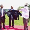 President Yoweri Museveni being shown the Army uniform for export made by Nyanza Textile Industries Limited (Nytil) during the Lohana International Business Forum at Speke Resort Munyonyo on 22nd March 2023.